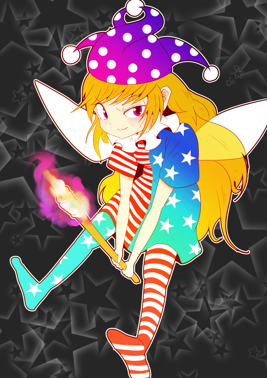 1girl american_flag_dress american_flag_legwear black_background blonde_hair clownpiece danpey dress fairy fairy_wings fire hat highres holding holding_torch jester_cap long_hair neck_ruff polka_dot polka_dot_headwear purple_fire purple_headwear red_eyes smile star_(symbol) star_print striped striped_dress torch touhou very_long_hair wings