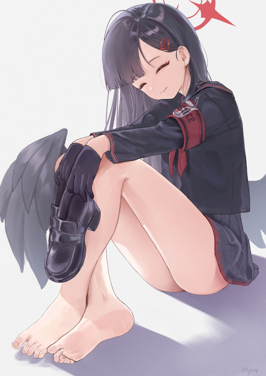 1girl armband ass barefoot black_footwear black_gloves black_hair black_sailor_collar black_serafuku black_wings blue_archive closed_eyes closed_mouth feathered_wings gloves hair_ornament hairclip halo highres holding holding_shoes ichika_(blue_archive) long_hair long_sleeves low_wings neckerchief red_armband red_halo red_neckerchief rryiup safety_pin sailor_collar school_uniform serafuku shoes smile solo white_background wings