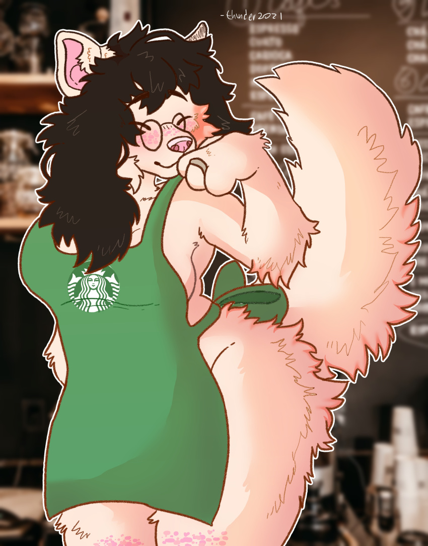 absurd_res anthro apron apron_only atlas_(thunder4361) barista big_breasts breasts canid canine canis censored censored_breasts censored_genitalia clothed clothing coffee_shop dark_hair eyewear female fluffy fluffy_tail food_service freckles glasses hair hi_res logo_on_clothing long_hair mammal meme mostly_nude partially_clothed photo_background photography_(artwork) ring slightly_chubby solo tail thick_thighs thunder4361 wide_hips wolf