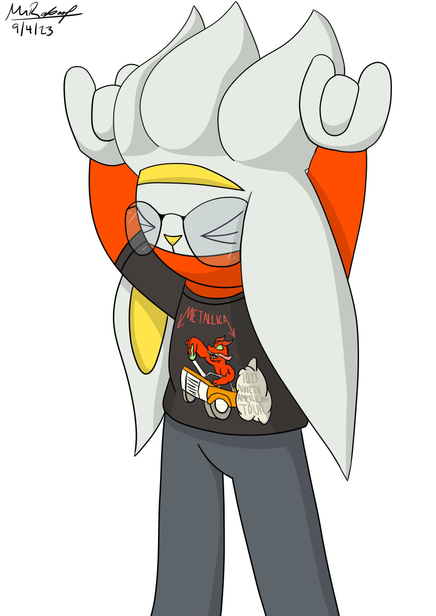 2023 absurd_res anthro band_shirt black_clothing black_shirt black_topwear clothing dated eyewear generation_8_pokemon glasses grey_body hi_res lagomorph male mammal merchandise mr._raboot_the_raboot_(mrraboot) mrraboot nintendo pokemon pokemon_(species) raboot red_arms rocking_out shaded shirt signature simple_background simple_shading solo topwear