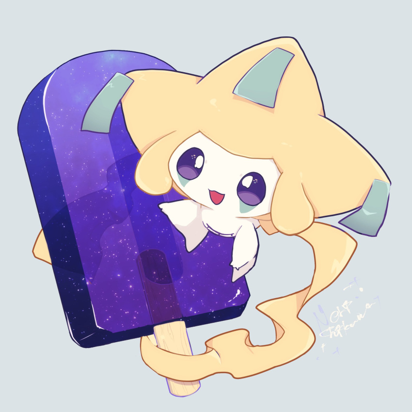 :d banchiku commentary_request food full_body grey_background highres jirachi looking_at_viewer no_humans open_mouth pokemon pokemon_(creature) popsicle purple_eyes signature smile solo star_(sky)