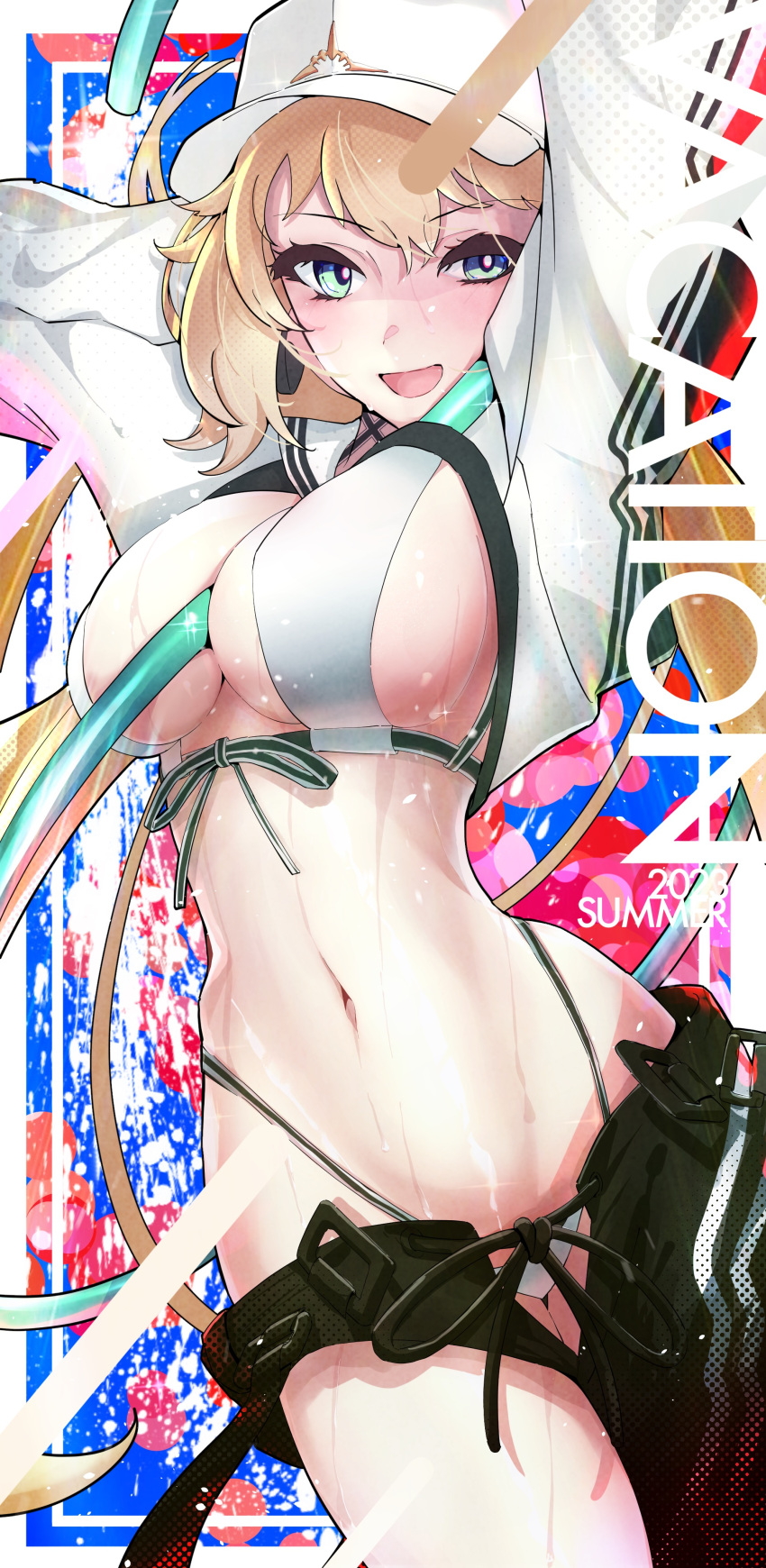 1girl absurdres arms_up artoria_caster_(fate) artoria_caster_(swimsuit)_(fate) artoria_pendragon_(fate) asymmetrical_clothes baseball_cap bikini black_pants blonde_hair blush breasts cleavage cropped_jacket fate/grand_order fate_(series) fd3 green_eyes hat highleg highleg_bikini highres hose jacket large_breasts long_hair long_sleeves looking_at_viewer navel open_mouth pants shrug_(clothing) sideboob single_pantsleg smile solo swimsuit thighs twintails wet white_bikini white_headwear white_jacket