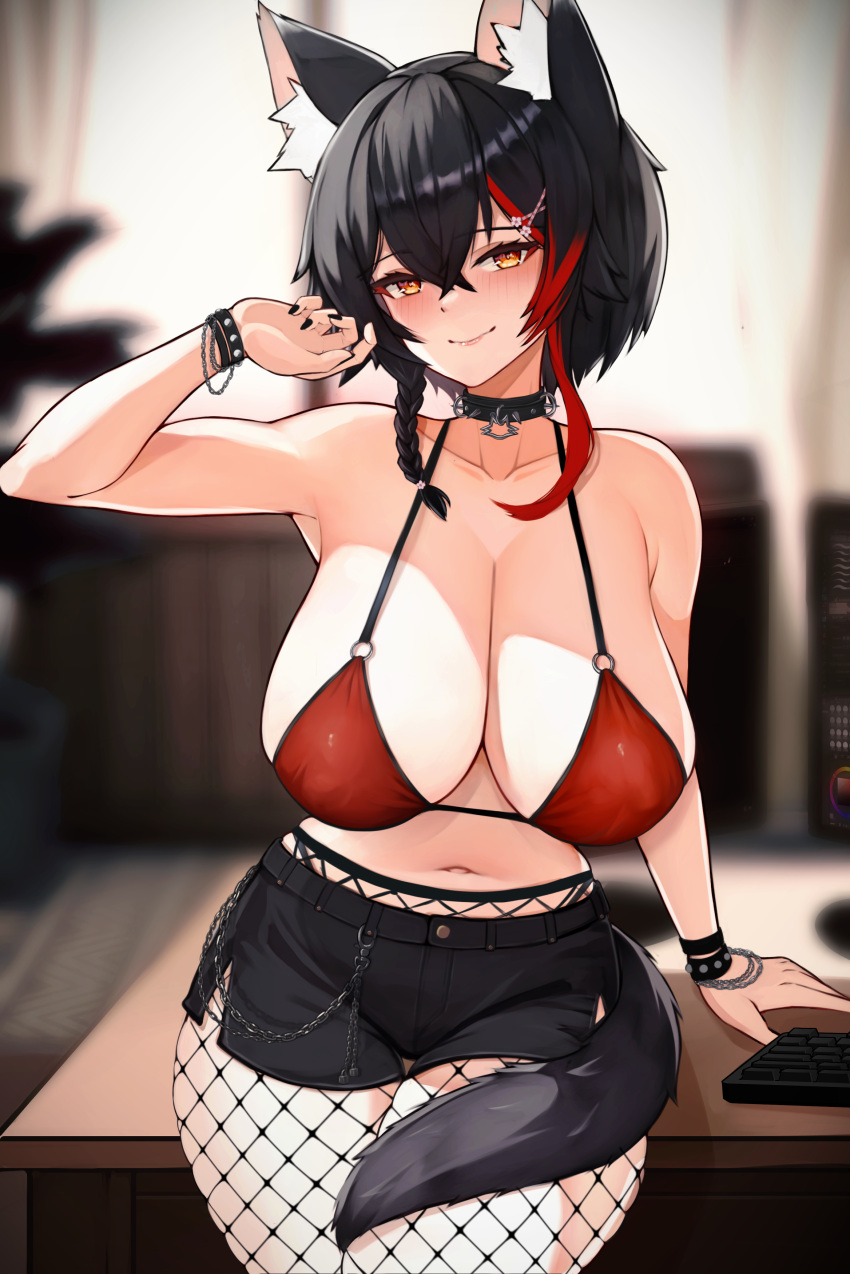 1girl absurdres animal_ears bikini black_choker black_hair black_nails black_shorts blurry blurry_background blush bracelet breasts brown_eyes choker cleavage closed_mouth fishnet_pantyhose fishnets hair_between_eyes highres hololive huge_breasts indoors jewelry looking_at_viewer multicolored_hair navel ookami_mio pantyhose red_bikini red_hair short_shorts shorts smile solo streaked_hair string_bikini swimsuit tail varniskarnis virtual_youtuber wolf_ears wolf_tail