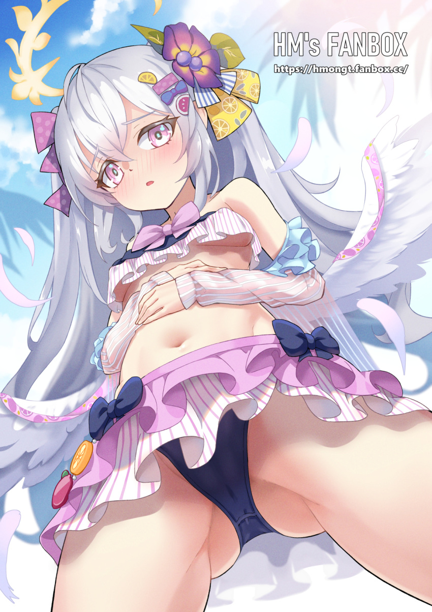 1girl angel_wings ass azusa_(blue_archive) bikini blue_archive blue_sky blurry bow breasts cloud cloudy_sky coconut_tree commentary crossed_arms depth_of_field detached_sleeves english_commentary feathered_wings flower frilled_bikini frills from_below groin hair_between_eyes hair_bow hair_flower hair_ornament hair_ribbon hairclip halo highres hm_(hmongt) long_hair looking_at_viewer looking_down navel official_alternate_costume official_alternate_hairstyle outdoors palm_tree parted_lips purple_eyes ribbon short_sleeves sidelocks sky small_breasts solo stomach swimsuit tree two_side_up underboob white_hair white_wings wings
