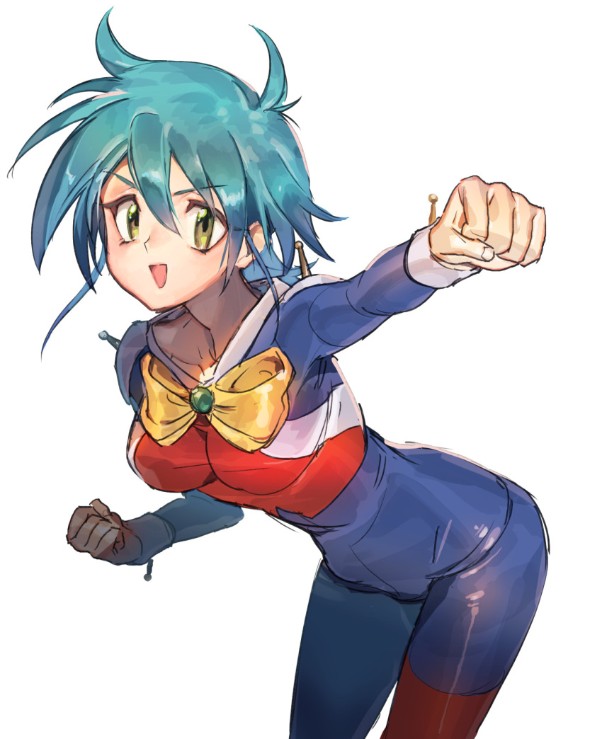 1girl :d allenby_beardsley blue_bodysuit blue_hair bodysuit bow breasts clenched_hands g_gundam green_eyes gundam highres impossible_bodysuit impossible_clothes leaning_forward looking_at_viewer medium_breasts mobile_trace_suit multicolored_bodysuit multicolored_clothes open_mouth red_bodysuit short_hair skin_tight smile solo tanakalma white_background yellow_bow