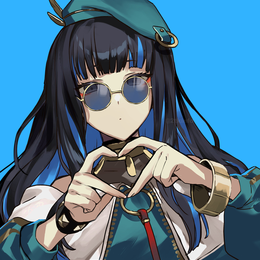 1girl beret black_hair blue_background blue_hair bracelet colored_inner_hair fate/grand_order fate_(series) hat heart heart_hands highres jewelry long_hair multicolored_hair nitaka_(fujikichi) round_eyewear solo studded_bracelet sunglasses tenochtitlan_(fate) watermark