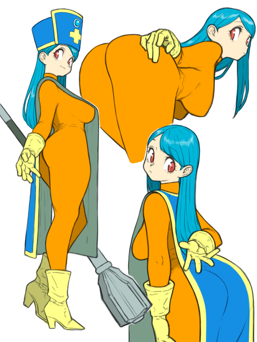 1girl absurdres ass bent_over blue_hair blue_tabard bodysuit boots breasts closed_mouth dragon_quest dragon_quest_iii gloves hat high_heel_boots high_heels highres large_breasts long_hair looking_back mitre multiple_views orange_bodysuit priest_(dq3) red_eyes simple_background tabard toshinoshin white_background yellow_footwear yellow_gloves