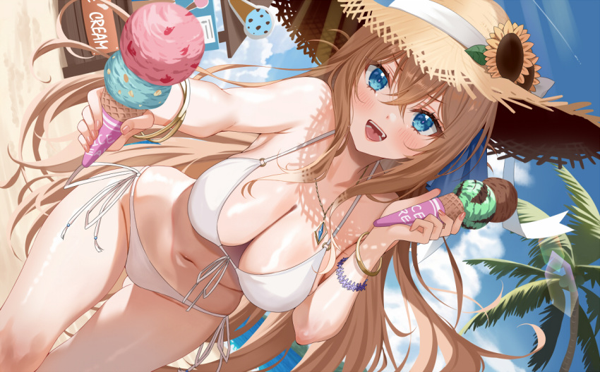 1girl bare_shoulders bikini blue_eyes blush bracelet breasts brown_hair cleavage commentary_request crossed_bangs food giving hat holding ice_cream jewelry long_hair looking_at_viewer navel open_mouth original outdoors palm_tree piyopoyo side-tie_bikini_bottom smile solo straw_hat swimsuit thighs tree white_bikini