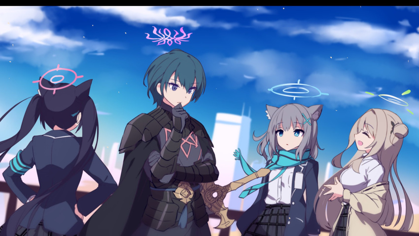 1boy 3girls animal_ear_fluff animal_ears armor black_armor black_hair blonde_hair blue_archive blue_halo blue_jacket blue_scarf blue_sky byleth_(fire_emblem) byleth_(male)_(fire_emblem) cape cat_ears closed_eyes crest_of_flames crossover extra_ears fire_emblem fire_emblem:_three_houses foreclosure_task_force_(blue_archive) green_halo grey_hair halo highres jacket looking_afar mild_(trmsasasa) mismatched_pupils multiple_girls nonomi_(blue_archive) open_mouth pink_halo purple_eyes purple_halo scarf serika_(blue_archive) shiroko_(blue_archive) sky smile sword sword_of_the_creator vambraces weapon wolf_ears yellow_jacket