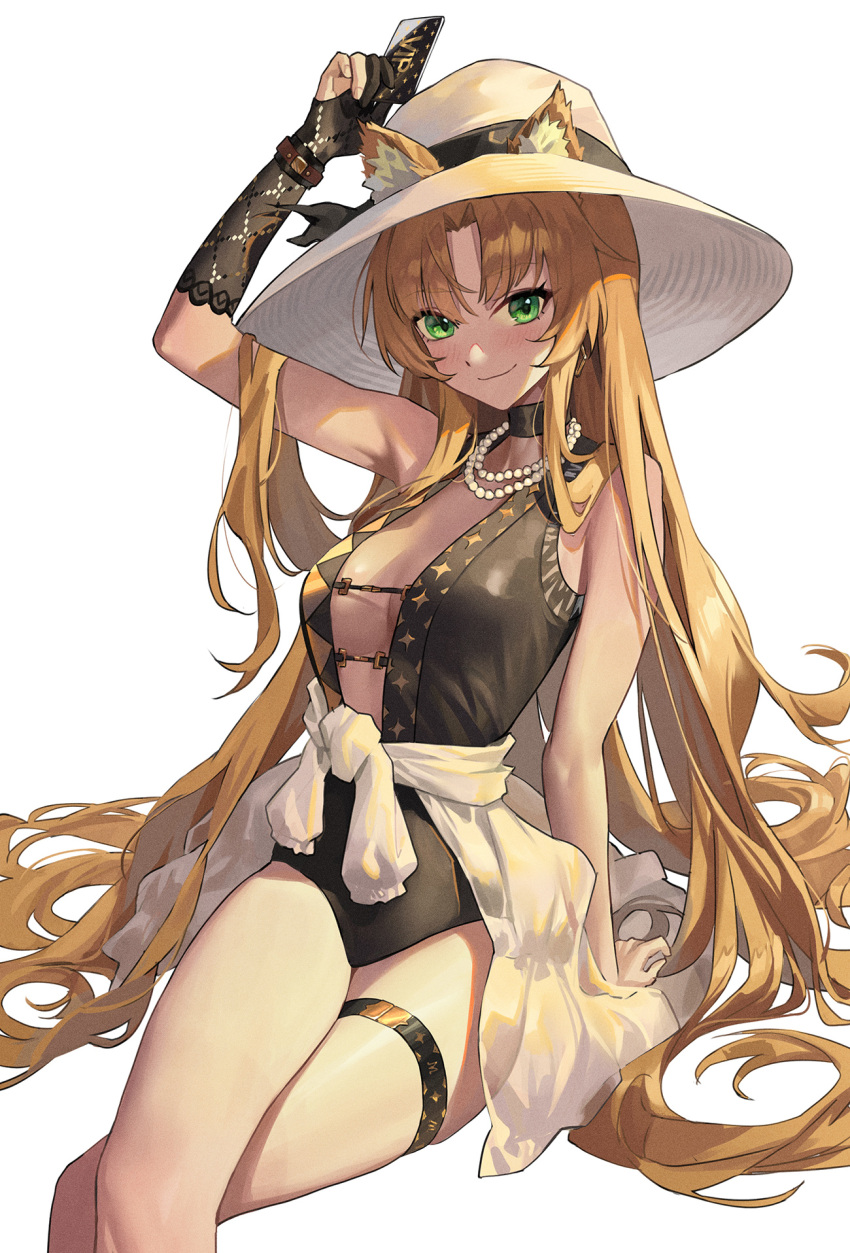 1girl animal_ear_fluff animal_ears arknights arm_up black_gloves black_one-piece_swimsuit blonde_hair breasts card casual_one-piece_swimsuit center_opening commentary feet_out_of_frame gloves green_eyes highres holding holding_card jewelry long_hair looking_at_viewer medium_breasts necklace one-piece_swimsuit partially_fingerless_gloves pearl_necklace shaded_face sidelocks simple_background smile solo swimsuit swire_(arknights) swire_the_elegant_wit_(arknights) thigh_strap tiger_ears tiger_girl ttk_(kirinottk) very_long_hair white_background