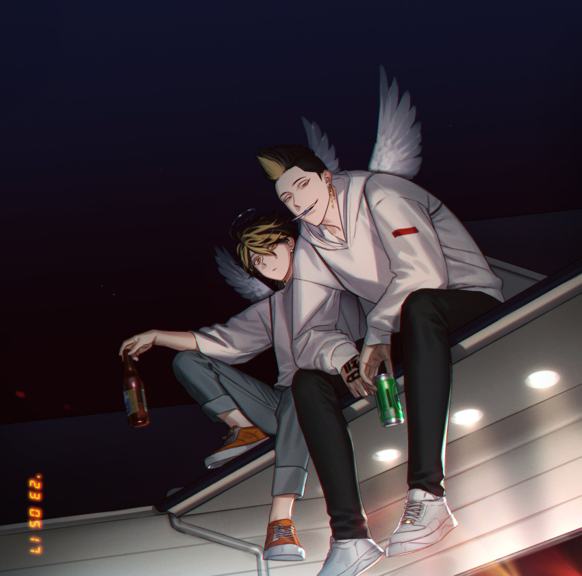 100dnch 2boys angel_wings black_hair black_pants blonde_hair bottle can cigarette earrings full_body grey_pants hand_tattoo hanemiya_kazutora hanma_shuuji highres holding holding_bottle holding_can hood hood_down hoodie jacket jewelry long_sleeves looking_at_viewer male_focus mole mole_under_eye mouth_hold multicolored_hair multiple_boys night orange_footwear outdoors pants shirt shoes short_hair single_earring sitting sleeves_past_wrists smile spiked_hair tattoo tokyo_revengers tsurime two-tone_hair white_footwear white_hoodie white_shirt wings yellow_eyes