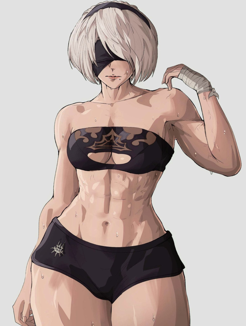 1girl 2b_(nier:automata) abs alternate_costume arm_at_side bandaged_hand bandages black_blindfold black_hairband black_sports_bra blindfold boyshort_panties bra breasts cleavage_cutout clothing_cutout collarbone cowboy_shot hairband hand_up highres insignia lace lace_bra looking_at_viewer mole mole_under_mouth navel nier:automata nier_(series) short_hair simple_background small_breasts solo sports_bra stomach sweat sweatdrop thick_thighs thighs toned underwear white_background yoracrab