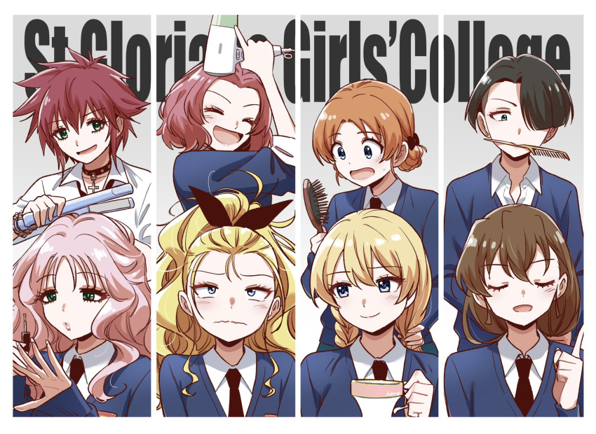 6+girls adjusting_another's_hair assam_(girls_und_panzer) black_choker black_hair black_ribbon blonde_hair blue_eyes braid braiding_hair brown_hair choker comb cranberry_(girls_und_panzer) cup darjeeling_(girls_und_panzer) girls_und_panzer green_eyes grey_background hair_brush hair_over_one_eye hair_ribbon hairdressing highres holding holding_another's_hair hone_(honehone083) long_hair mouth_hold multiple_girls necktie orange_hair orange_pekoe_(girls_und_panzer) peach_(girls_und_panzer) pink_hair red_hair ribbon rosehip_(girls_und_panzer) rukuriri_(girls_und_panzer) school_uniform shirt short_hair smile st._gloriana's_school_uniform teacup vanilla_(girls_und_panzer)