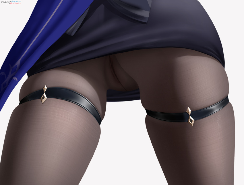 1girl black_pantyhose black_skirt cameltoe clorinde_(genshin_impact) close-up fanbox_username genshin_impact gradient_background highres lower_body no_panties pantyhose patreon_username pencil_skirt pussy simple_background skirt solo thigh_strap thighs z282g