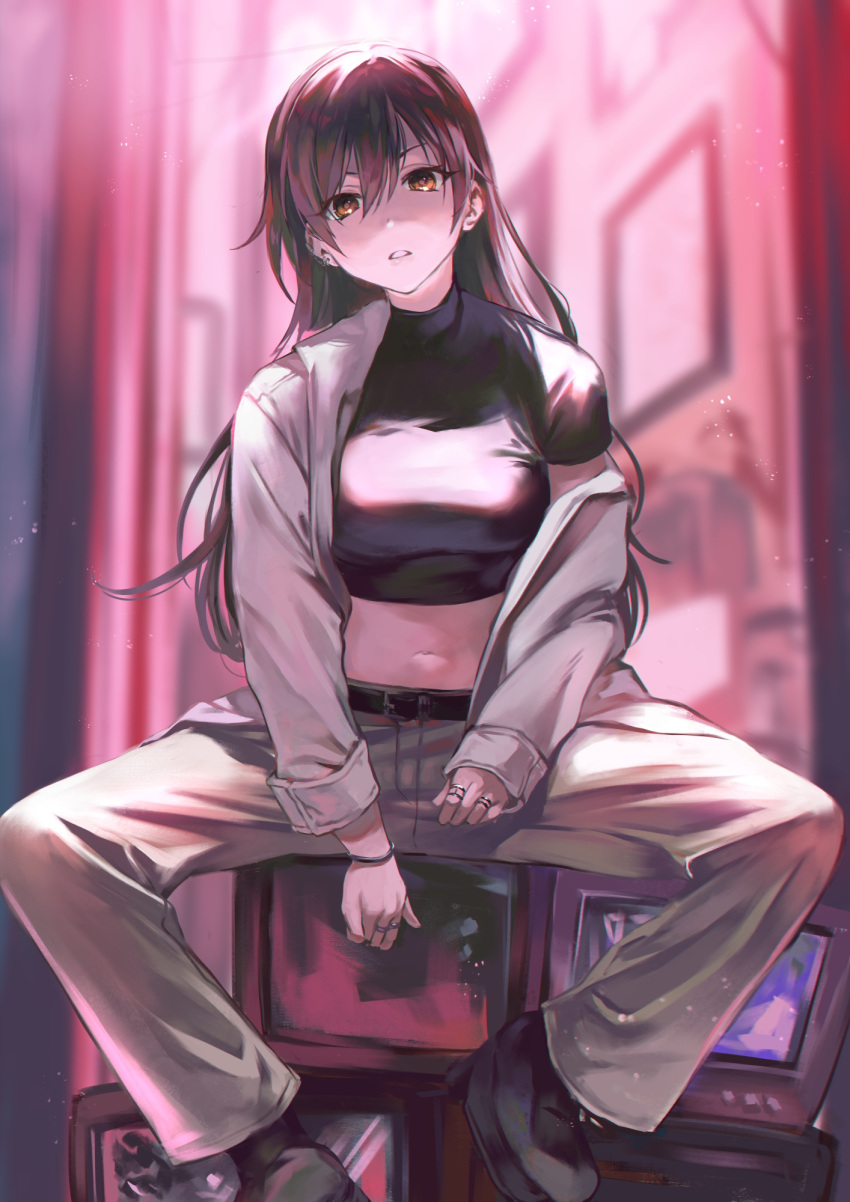 1girl belt_buckle black_hair black_shirt blurry blurry_background breasts buckle cropped_shirt highres idolmaster idolmaster_shiny_colors jacket jacket_partially_removed jewelry large_breasts long_hair looking_at_viewer navel otsudou ring shirase_sakuya shirt sitting solo spread_legs television very_long_hair white_jacket