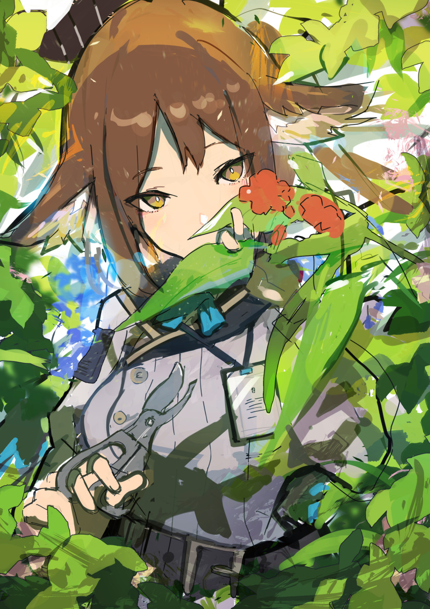 1girl absurdres arknights belt black_belt blue_bow blue_bowtie bow bowtie brown_hair chuhaibane fingerless_gloves flower gardening gloves grey_jacket high_ponytail highres holding holding_scissors id_card jacket leaf long_sleeves perfumer_(arknights) perfumer_(species_plantarum)_(arknights) plant scissors sidelocks solo upper_body yellow_eyes