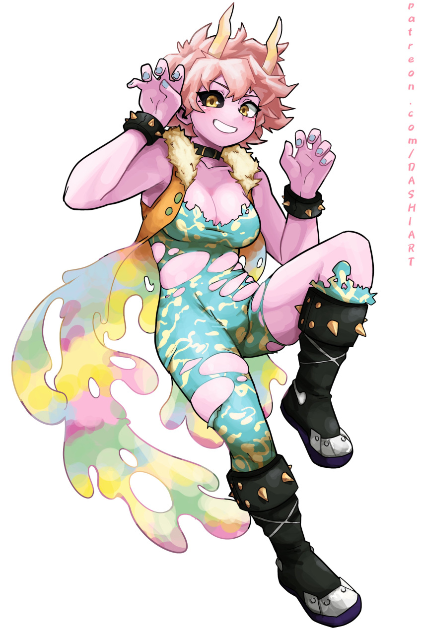 1girl absurdres ashido_mina black_choker black_footwear black_sclera boku_no_hero_academia boots bracelet breasts choker colored_sclera colored_skin commentary dashi full_body fur_trim grin highres horns jewelry knee_up looking_at_viewer medium_breasts mismatched_sclera patreon_username pink_hair pink_skin short_hair simple_background smile solo spiked_bracelet spikes torn_clothes white_background yellow_eyes