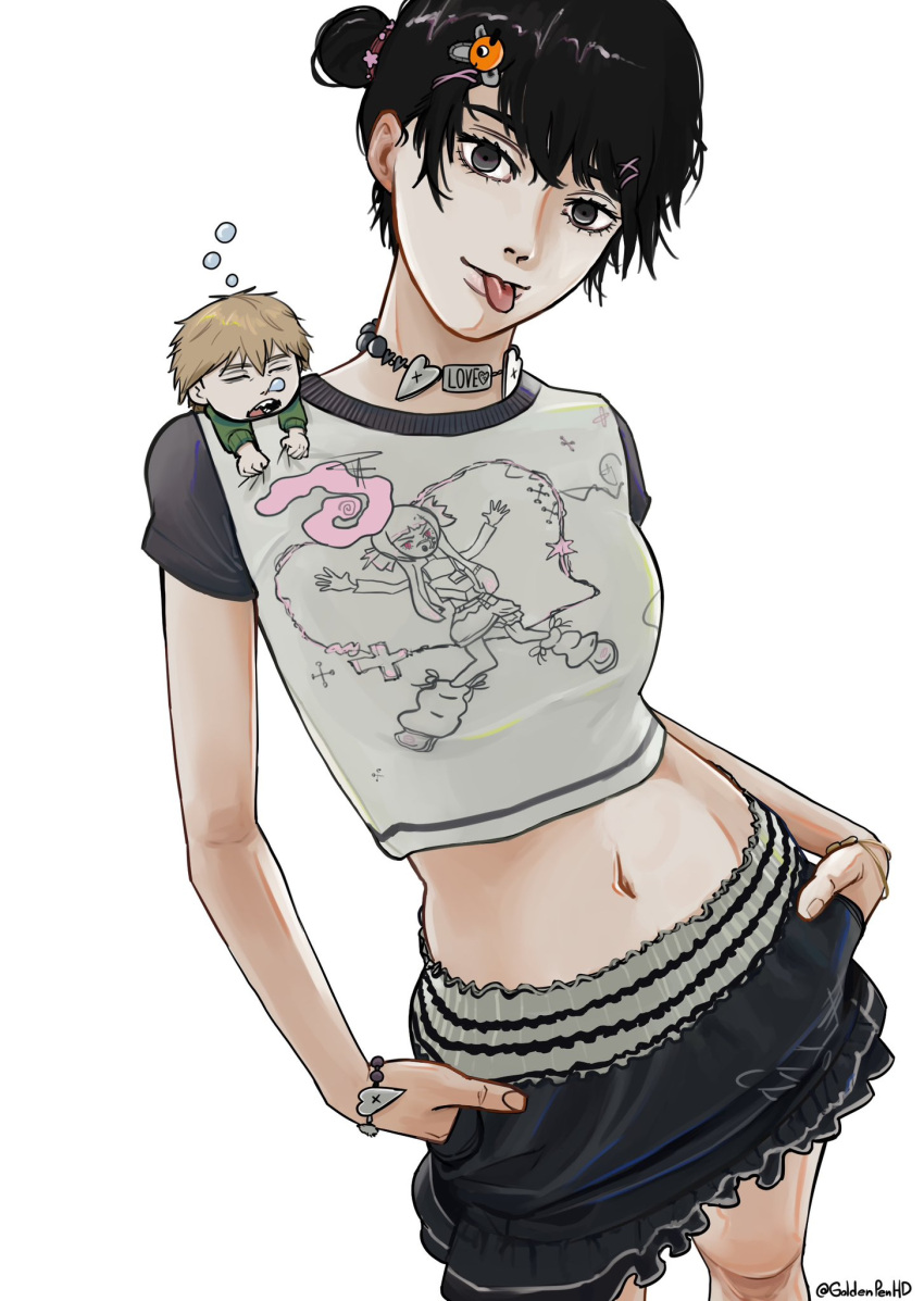 1boy 1girl black_hair chainsaw_man collar denji_(chainsaw_man) goldenpenhd hair_bun highres looking_at_viewer mitaka_asa navel pochita_(chainsaw_man) punk short_hair skirt smile tongue tongue_out