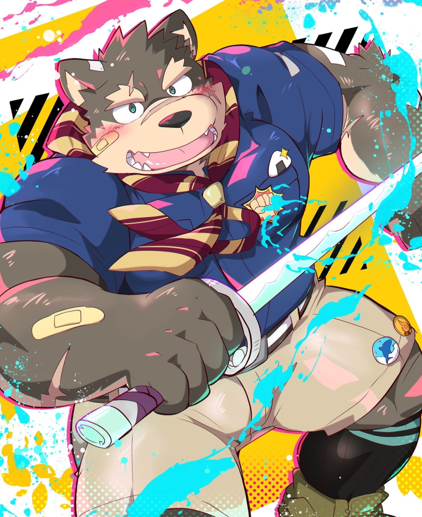 anthro blush bulge canid canine canis domestic_dog eyebrows fur grey_body grey_fur hi_res katana lifewonders male mammal melee_weapon moritaka sansan_ocha scar scout_uniform sword thick_eyebrows tokyo_afterschool_summoners weapon