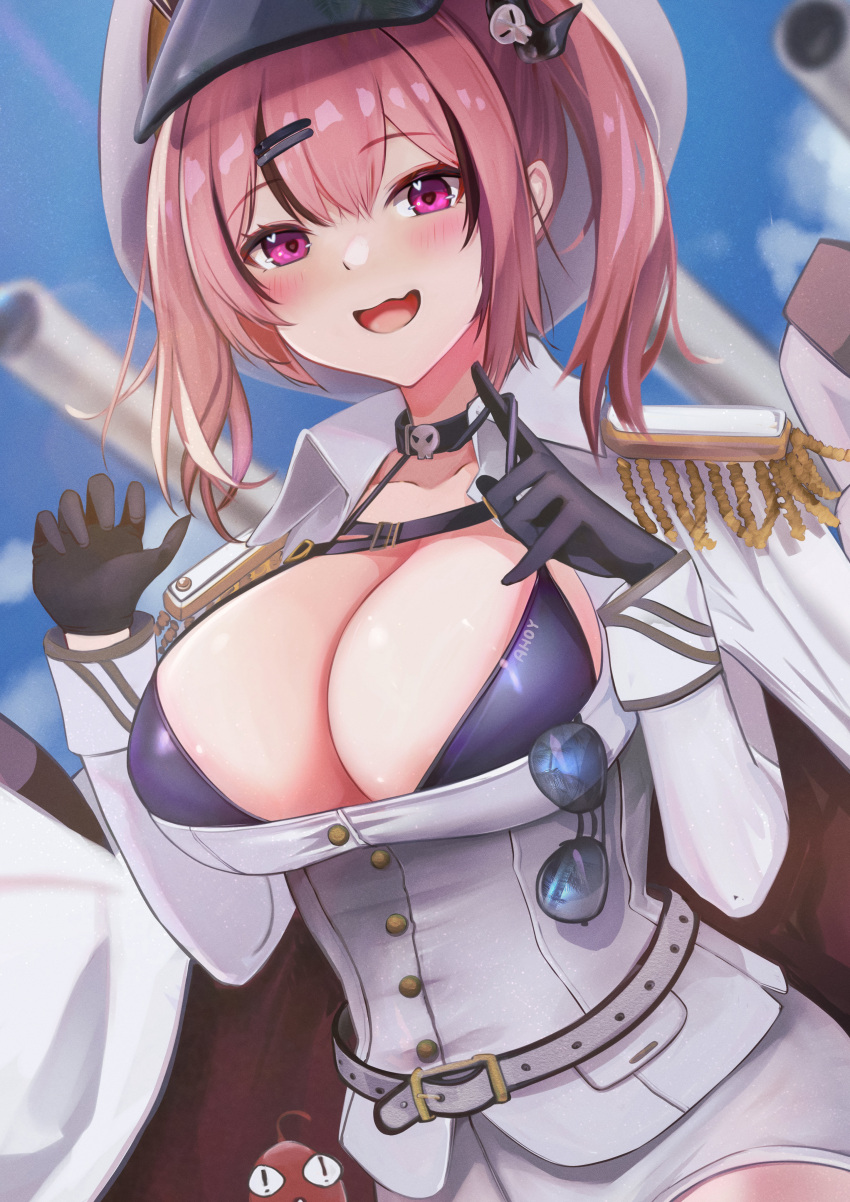1girl 1other 462vvv absurdres belt bikini bird black_bikini black_gloves breasts cleavage clothes_writing coat coat_on_shoulders collarbone eyewear_hang eyewear_removed fang gloves goddess_of_victory:_nikke hair_ornament heart heart_in_eye highres jacket large_breasts looking_at_viewer mast mast_(nikke) military_uniform open_mouth parrot pink_eyes red_hair short_twintails shorts skin_fang skull_choker smile solo sunglasses swimsuit symbol_in_eye twintails uniform white_coat white_jacket white_shorts