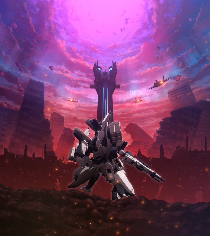 absurdres aircraft airplane bang_brave_bang_bravern building cloud embers fighter_jet gun highres jet key_visual mecha military_vehicle official_art promotional_art purple_sky rifle robot rubble ruins sky tower weapon