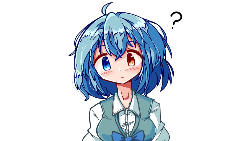 1girl ? ahoge blue_eyes blue_hair blush breasts closed_mouth collarbone commentary heterochromia highres kasuya_baian long_sleeves looking_at_viewer red_eyes short_hair solo symbol-only_commentary tatara_kogasa touhou upper_body