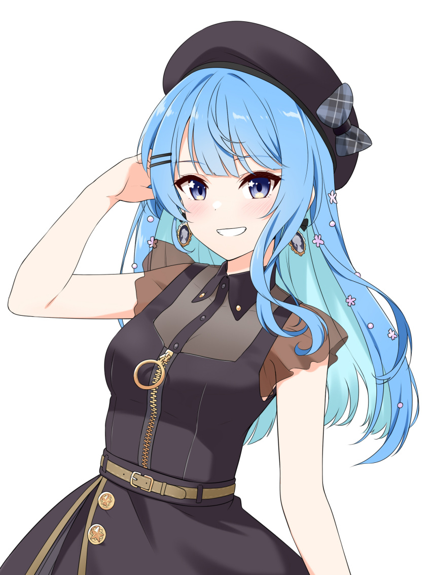 1girl bare_shoulders belt beret black_dress black_headwear blue_hair blush bow breasts cleavage collarbone colored_inner_hair dot_nose dress earrings felutiahime flower green_hair grin hair_flower hair_ornament hairclip hand_in_own_hair hat hat_bow highres hololive hoshimachi_suisei jewelry locket long_bangs looking_at_viewer multicolored_hair open_mouth pendant plaid plaid_bow see-through simple_background sleeveless sleeveless_dress small_breasts smile solo teeth upper_body virtual_youtuber white_background zipper zipper_pull_tab
