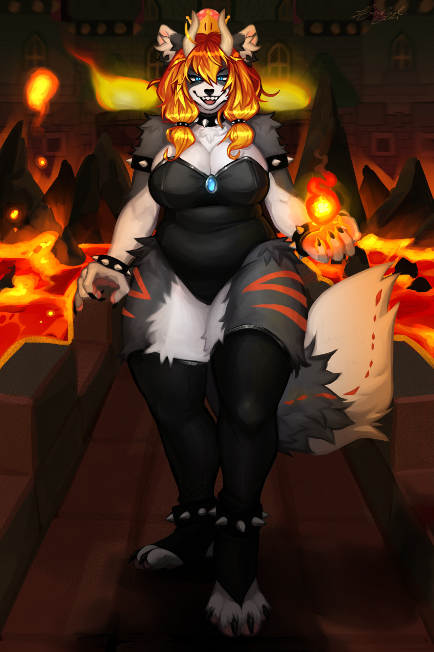 2021 absurd_res anthro arcadia_(oneggiri) armband big_breasts black_armband black_bracelet black_claws black_clothing black_collar black_nose blue_eyes bowser's_castle bracelet breasts canid canine canis castle claws cleavage clothed clothing collar coolranchdoritoes_(artist) crown detailed_background digital_media_(artwork) digital_painting_(artwork) digitigrade elemental_manipulation eyebrows female finger_claws fire fire_manipulation fireball fur grey_body grey_fur hair headgear hi_res hindpaw horn humanoid_hands inner_ear_fluff jewelry lava legwear looking_at_viewer mammal mario_bros markings narrowed_eyes nintendo open_mouth open_smile orange_hair pawpads paws pink_inner_ear pink_pawpads red_body red_fur red_markings shaded signature slightly_chubby smile solo spiked_armband spiked_bracelet spiked_collar spikes standing strapless_clothing strapless_leotard super_crown tail teeth thick_thighs thigh_highs toe_claws tuft white_body white_fur white_horn white_inner_ear_fluff wide_hips wolf