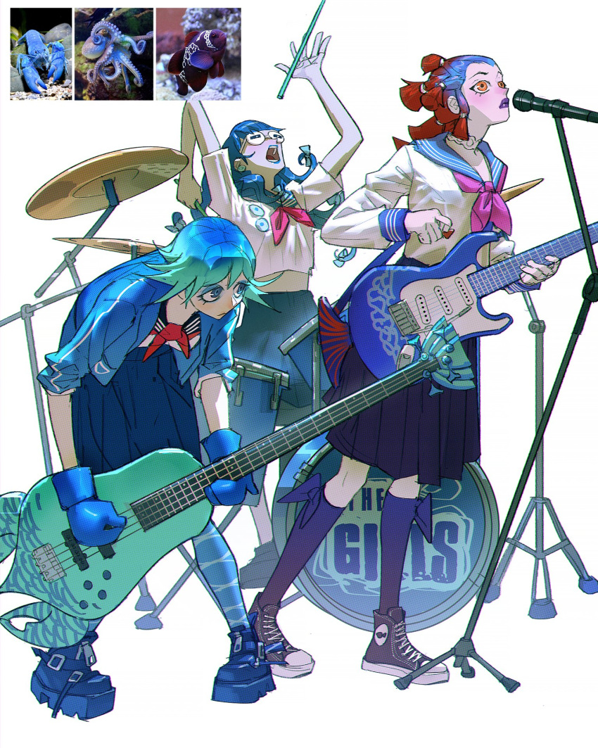 3girls =_= arms_up band black_footwear black_socks blue_gloves blue_hair blue_sailor_collar blue_theme blunt_bangs boots clenched_hand commentary converse drum drum_set drumsticks electric_guitar english_commentary glasses gloves gradient_hair guitar hands_up highres holding holding_drumsticks holding_instrument holding_plectrum instrument leaning_forward long_sleeves looking_up microphone microphone_stand multicolored_hair multiple_girls neckerchief original pale_skin personification pink_neckerchief platform_footwear plectrum purple_lips ramon_nunez red_hair red_neckerchief reference_inset sailor_collar school_uniform screaming shirt shoes short_sleeves simple_background slouching sneakers socks standing white_background white_shirt yellow_eyes