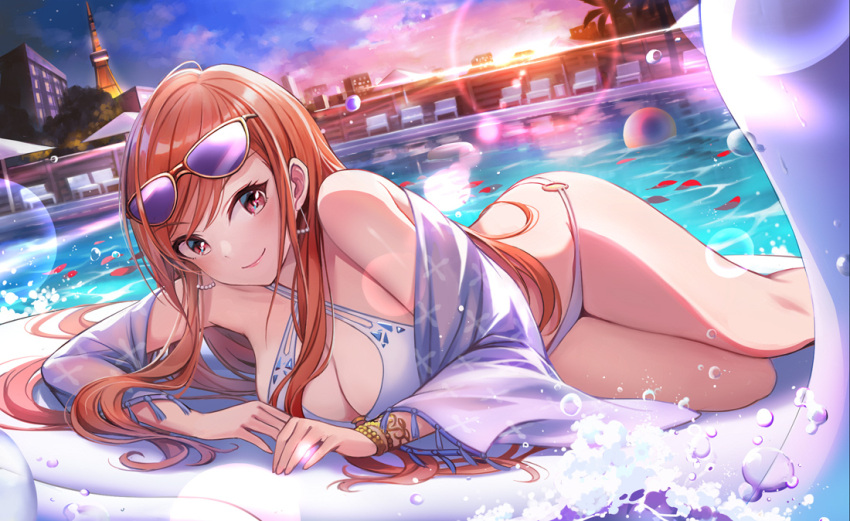 1girl ahoge arisugawa_natsuha ball bare_shoulders beachball bikini bird blue_bikini blurry blurry_background blush breasts building chair cityscape cleavage closed_mouth cloud collarbone dot_nose earrings eyewear_on_head gradient_sky idolmaster idolmaster_shiny_colors inflatable_raft jewelry large_breasts lens_flare long_hair long_sleeves looking_at_viewer lounge_chair lying multiple_bracelets o-ring o-ring_bikini on_side orange_hair palm_tree parasol petals petals_on_liquid pool poolside print_shirt purple_shirt see-through see-through_shirt shirt sky smile solo splashing star_(sky) sunglasses sunset swan swept_bangs swimsuit tokyo_tower tree tuna_picture umbrella wide_sleeves