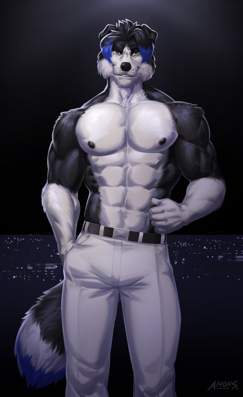 absurd_res amonsyd anthro border_collie canid canine canis collie cosplay domestic_dog dyed_fur herding_dog hi_res humanoid male mammal mason_(trivolmckenley) muscular muscular_male pastoral_dog pinup pose sheepdog smile smirk solo