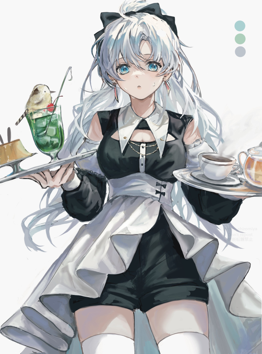 1girl absurdres bird blue_eyes cherry cleavage_cutout clothing_cutout coffee_cup color_guide cup detached_sleeves disposable_cup earrings food fruit high-waist_skirt highres holding holding_tray ice ice_cube jewelry long_hair long_sleeves muu_(muu_shiromiya) original pudding puffy_sleeves shorts skirt solo spoon steam sweat teapot thighhighs tray white_hair