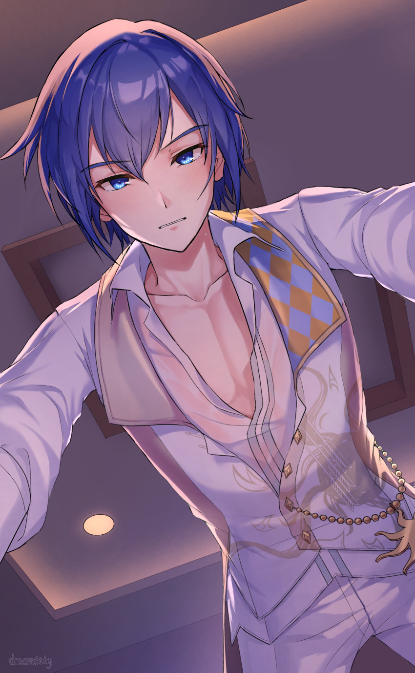 1boy absurdres blue_eyes blue_hair collarbone collared_shirt commentary cowboy_shot dreamxiety english_commentary highres kaito_(vocaloid) long_sleeves looking_at_viewer parted_lips pov shirt short_hair vocaloid