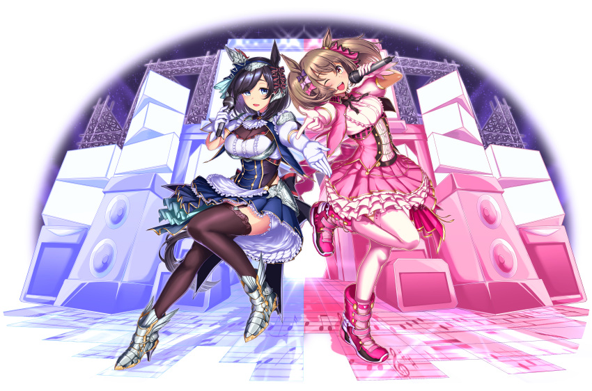 2girls absurdres adapted_costume alternate_costume animal_ears ascot black_hair black_thighhighs blue_eyes blush boots breasts buttons cleavage commentary_request cropped_jacket double-breasted dress ear_covers eishin_flash_(umamusume) elbow_gloves frilled_dress frills full_body garter_straps gloves hairband high_heels highres holding holding_microphone horse_ears horse_girl horse_tail jacket large_breasts leg_up light_blush looking_at_viewer microphone multiple_girls open_mouth outstretched_hand pantyhose pink_dress pink_footwear pink_gloves pink_jacket puffy_short_sleeves puffy_sleeves same_kujira_(challenger_310) short_hair short_sleeves single_ear_cover smart_falcon_(umamusume) smile speaker stage tail teeth thighhighs twintails umamusume upper_teeth_only white_ascot white_gloves white_pantyhose yellow_eyes