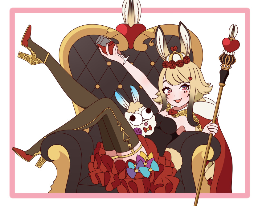 1girl alcohol animal_ears anon_non bird blonde_hair cane cape crow dress heart heart-shaped_pupils high_heels highres holding holding_cane mascot md5_mismatch prism_project rabbit_ears rabbit_girl rabbit_tail simple_background sitting symbol-shaped_pupils tail thighhighs throne virtual_youtuber wine