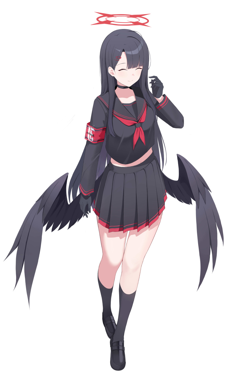 1girl absurdres armband black_choker black_footwear black_gloves black_hair black_sailor_collar black_serafuku black_skirt black_socks black_wings blue_archive blush choker closed_eyes closed_mouth commentary feathered_wings full_body gloves hair_ornament hairclip halo highres ichika_(blue_archive) kuyoumi long_hair long_sleeves low_wings neckerchief pleated_skirt red_armband red_halo red_neckerchief safety_pin sailor_collar school_uniform serafuku shoes simple_background skirt smile socks solo white_background wings