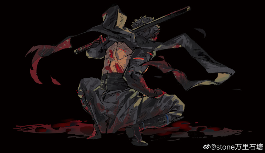 1boy absurdres armor bannriishi black_hair blood blood_on_body blood_on_clothes doudanuki_masakuni facing_away fighting_stance from_behind full_body highres japanese_armor japanese_clothes male_focus over_shoulder pants short_hair solo sword sword_over_shoulder toned toned_male touken_ranbu weapon weapon_over_shoulder