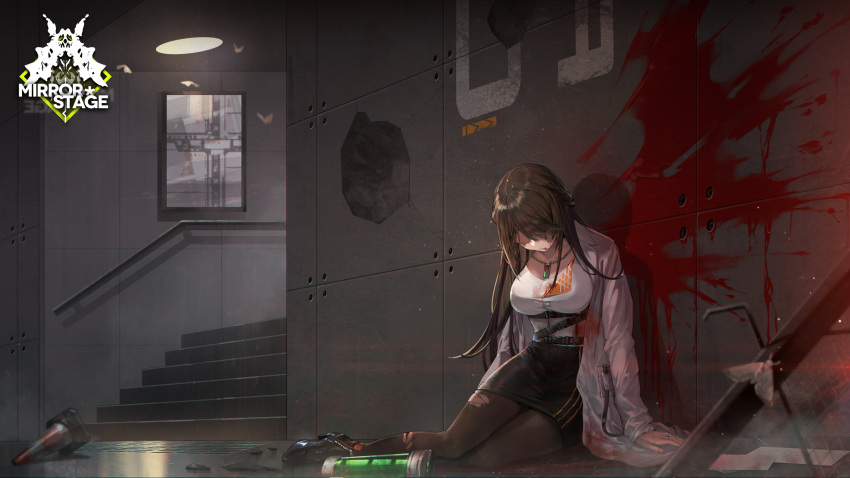 1girl absurdres artist_request black_footwear black_skirt blood blood_splatter bottle breasts brown_hair brown_pantyhose bug butterfly coat commentary concrete cone container corpse death deep_wound english_commentary girls'_frontline grey_background high_heels highres id_card injury jewelry lab_coat large_breasts leone_(girls'_frontline) light_particles logo long_hair map moth necklace official_art pantyhose pencil_skirt shaded_face shirt skirt solo spoilers stairs torn_clothes torn_pantyhose white_coat white_shirt zipper_footwear