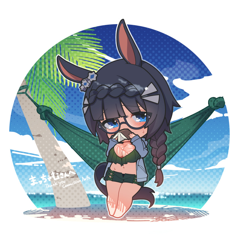 1girl animal_ears barefoot bikini black_hair blue_eyes blue_jacket blush book braid breasts cleavage commission full_body glasses green_bikini highres holding holding_book horse_ears horse_girl horse_tail jacket large_breasts long_hair navel open_clothes open_jacket signature skeb_commission solo swimsuit tail umamusume warashi zenno_rob_roy_(umamusume)