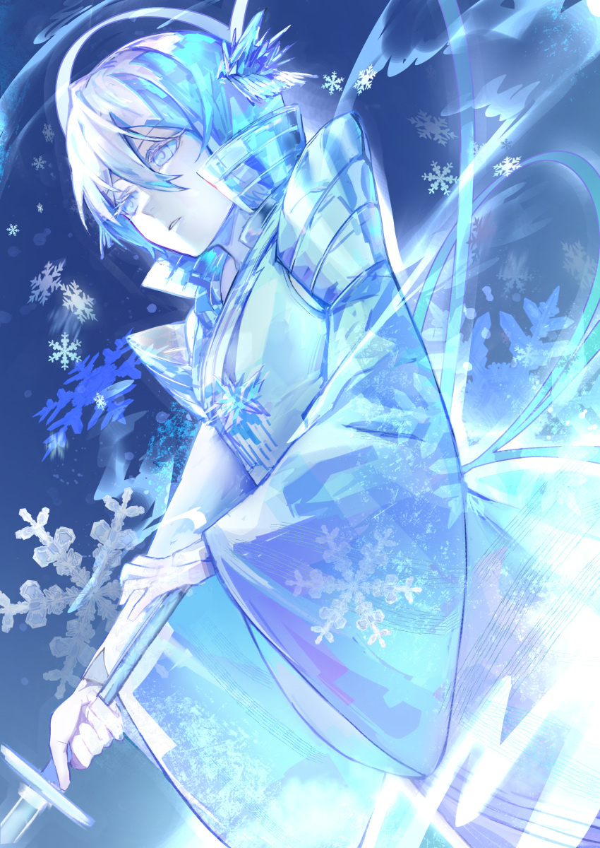 1girl absurdres bleach bleach:_the_thousand-year_blood_war bob_cut closed_mouth hair_ornament highres holding holding_sword holding_weapon japanese_clothes katana kimono kouhiipan kuchiki_rukia long_sleeves short_hair snowflake_background snowflakes solo sword weapon white_eyes white_hair wide_sleeves zanpakutou