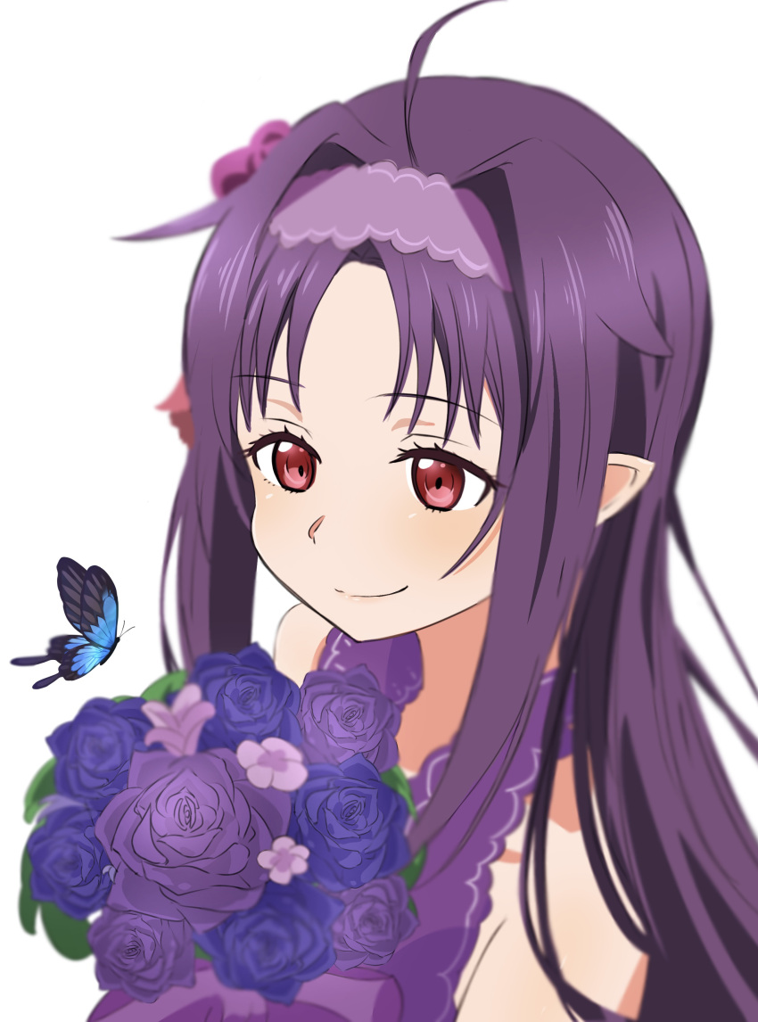 1girl absurdres ahoge bug butterfly closed_mouth dress fairy_(sao) flower hairband highres holding holding_flower parted_bangs pointy_ears purple_dress purple_flower purple_hair purple_hairband red_eyes sleeveless sleeveless_dress smile solo sword_art_online upper_body user_tznu7345 white_background yuuki_(sao)