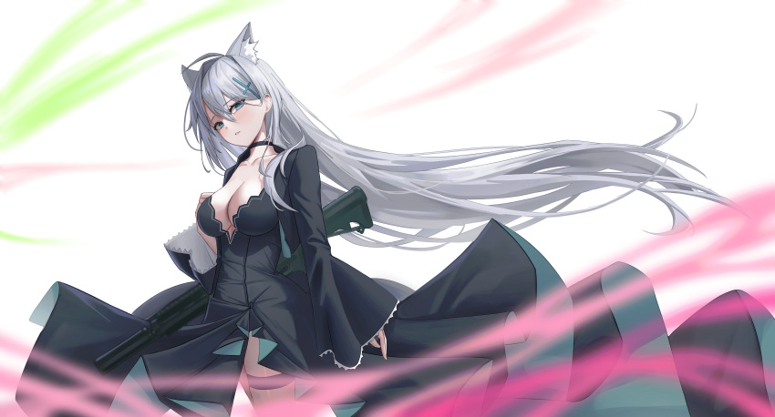 1girl absurdres animal_ear_fluff animal_ears assault_rifle black_choker black_dress blue_archive blue_eyes blurry breasts choker cleavage collarbone commentary_request cross_hair_ornament depth_of_field dress extra_ears grey_hair gun hair_between_eyes hair_ornament head_tilt highres long_hair long_sleeves looking_at_viewer mismatched_pupils parted_lips rifle shiroko_(blue_archive) shiroko_(terror)_(blue_archive) side_slit sidelocks sig_sauer_556 simple_background solo thighlet toki88909 weapon wide_sleeves wind wolf_ears wolf_girl
