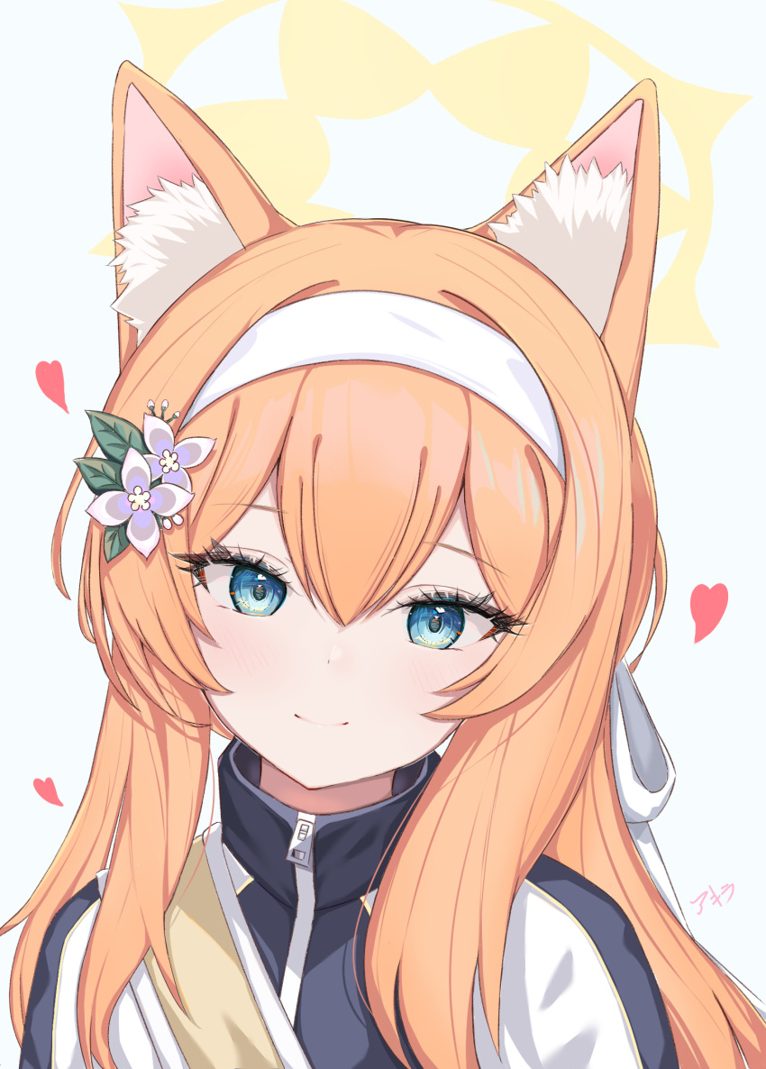 1girl akira_(g0dspeed) animal_ear_fluff animal_ears blue_archive blue_eyes flower grey_background hair_between_eyes hair_flower hair_ornament hair_ribbon hairband halo highres jacket long_hair looking_at_viewer mari_(blue_archive) mari_(track)_(blue_archive) orange_hair ribbon simple_background smile solo track_jacket translation_request upper_body white_hairband white_ribbon yellow_halo zipper