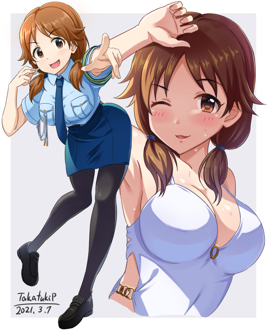 1girl absurdres arm_up armpits artist_name bare_shoulders black_pantyhose blue_bow blue_necktie blue_shirt blue_skirt blush bow breasts brown_eyes brown_hair cleavage dated dot_nose dress full_body green_sash grey_background hair_bow hands_up highres holding holding_whistle idolmaster idolmaster_cinderella_girls idolmaster_cinderella_girls_starlight_stage katagiri_sanae large_breasts loafers long_hair looking_at_viewer low_twintails multiple_views necktie one_eye_closed open_mouth pantyhose pencil_skirt pointing pointing_at_viewer police police_uniform policewoman sash shirt shoes short_sleeves short_twintails side_slit simple_background skirt sleeveless sleeveless_dress smile standing sweatdrop takatsuki_p twintails uniform whistle white_dress yellow_bow