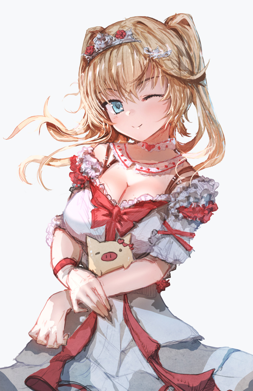 1girl absurdres advarcher akai_haato akai_haato_(6th_costume) blonde_hair blue_eyes blush breasts choker cleavage collar detached_collar dress frilled_skirt frills haaton_(akai_haato) highres hololive large_breasts looking_at_viewer medium_hair medium_skirt official_alternate_costume one_eye_closed puffy_short_sleeves puffy_sleeves short_sleeves sidelocks skirt smile tiara twintails virtual_youtuber white_background white_choker white_collar white_dress white_skirt