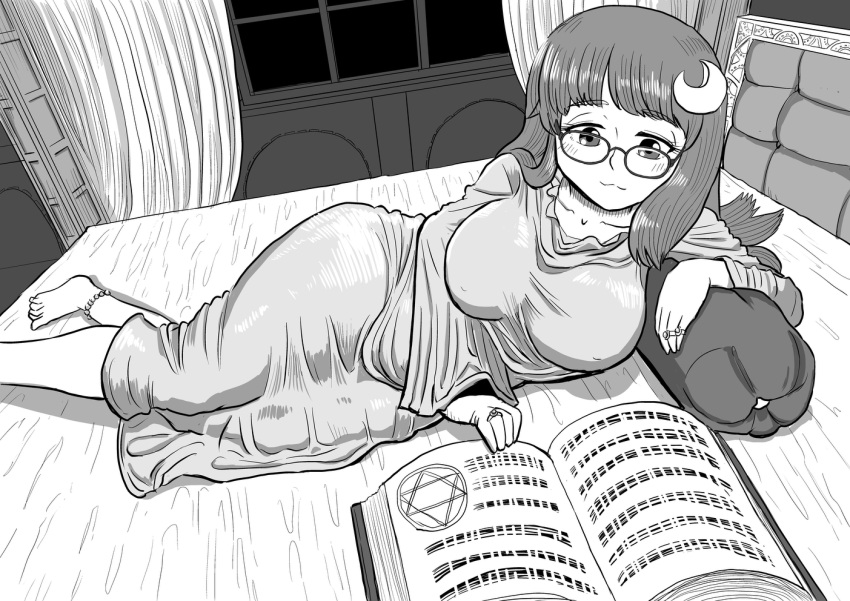 1girl :3 anklet barefoot bed bespectacled blush book breasts closed_mouth collarbone commentary_request crescent crescent_hair_ornament curtains glasses greyscale hair_ornament hyou-gami jewelry large_breasts lying monochrome multiple_rings no_headwear on_side open_book partial_commentary patchouli_knowledge pillow reading ring robe round_eyewear smile solo touhou window