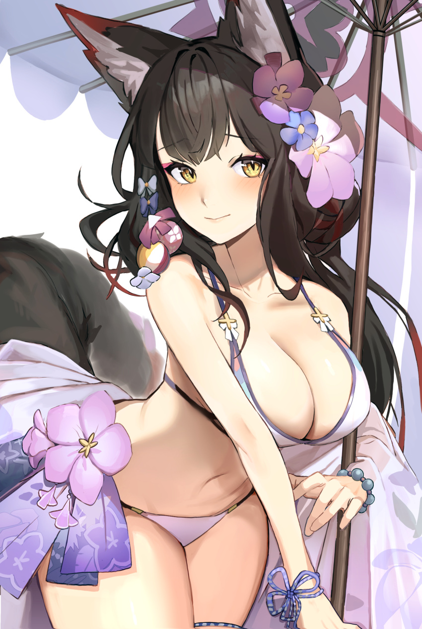 1girl absurdres animal_ears bare_arms bare_legs bare_shoulders bikini black_hair blue_archive blush breasts cleavage closed_mouth cowboy_shot eyeshadow flower fox_ears fox_tail franz2543 hair_flower hair_ornament highres large_breasts long_hair looking_at_viewer makeup navel official_alternate_costume pink_eyeshadow pink_flower purple_bikini purple_flower solo swimsuit tail thigh_strap wakamo_(blue_archive) wakamo_(swimsuit)_(blue_archive) yellow_eyes
