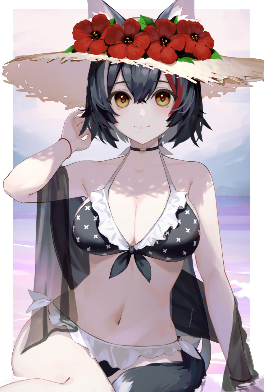 1girl absurdres animal_ears bikini black_bikini black_hair breasts brown_eyes cine_(wazd0183) flower front-tie_bikini_top front-tie_top hat hat_flower hibiscus highres hololive large_breasts looking_at_viewer multicolored_hair navel ookami_mio outdoors red_hair sash see-through short_hair side-tie_bikini_bottom sitting smile solo straw_hat streaked_hair swimsuit tail tail_around_own_leg virtual_youtuber wading water wolf_ears wolf_girl wolf_tail yokozuwari