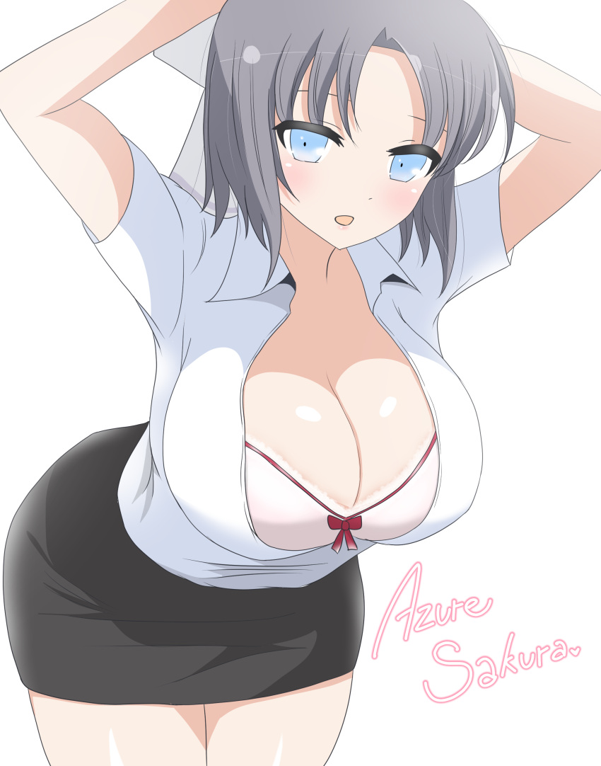 absurdres azuresakura black_skirt blue_eyes bra breasts cleavage grey_hair hair_ribbon highres large_breasts looking_at_viewer open_clothes open_shirt pencil_skirt pink_bra ribbon senran_kagura senran_kagura_estival_versus senran_kagura_new_link senran_kagura_shinovi_versus shirt short_hair signature simple_background skirt smile underwear white_background white_shirt yumi_(senran_kagura)