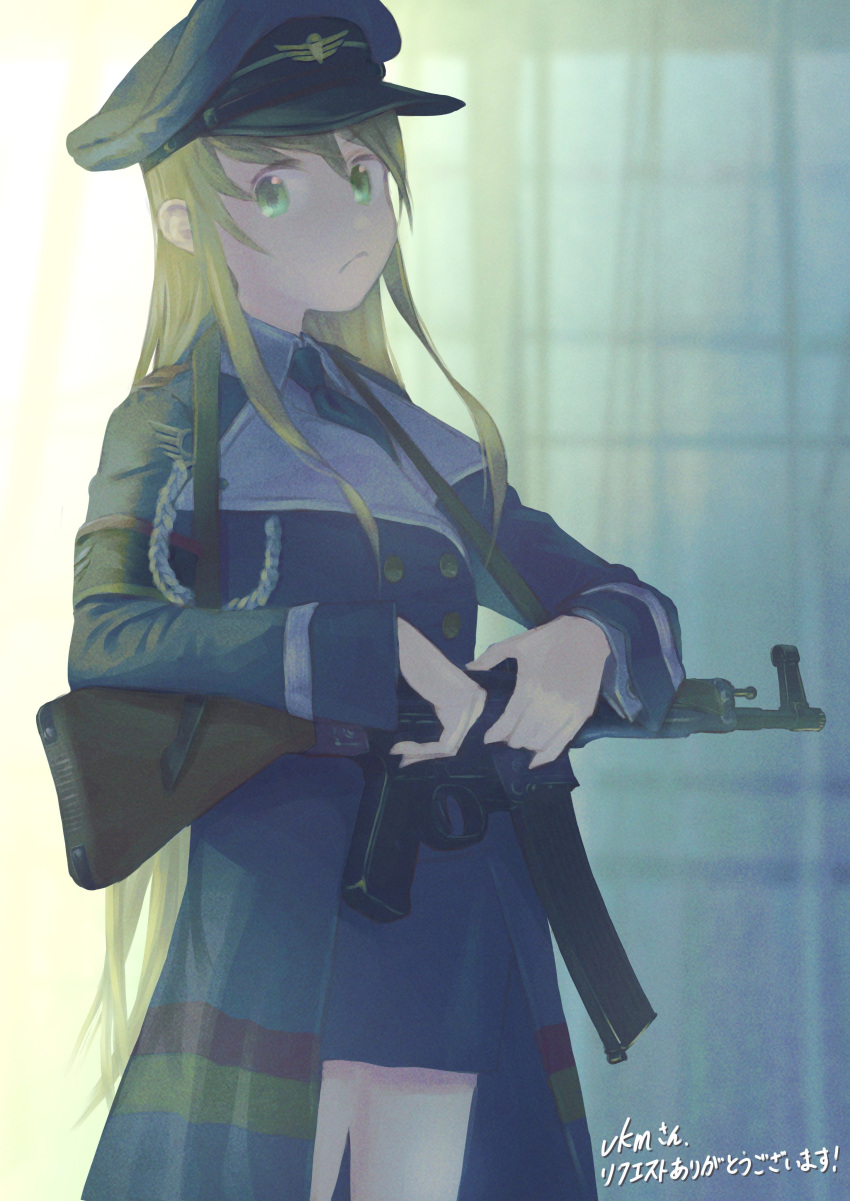 1girl absurdres assault_rifle blonde_hair blue_headwear closed_mouth commission curtains girls'_frontline green_eyes gun hat highres holding holding_gun holding_weapon karasumi_(sumizono) long_hair long_sleeves looking_at_viewer military military_uniform peaked_cap rifle sidelocks skeb_commission skirt solo stg44 stg44_(girls'_frontline) uniform weapon